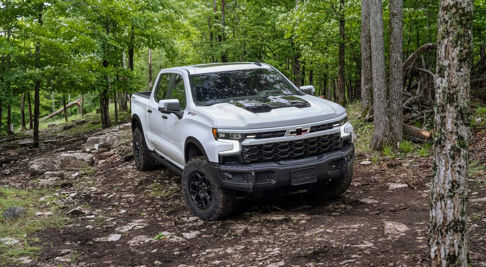 A white 2025 Chevy Silverado ZR2 Bison is shown from the front at an angle.