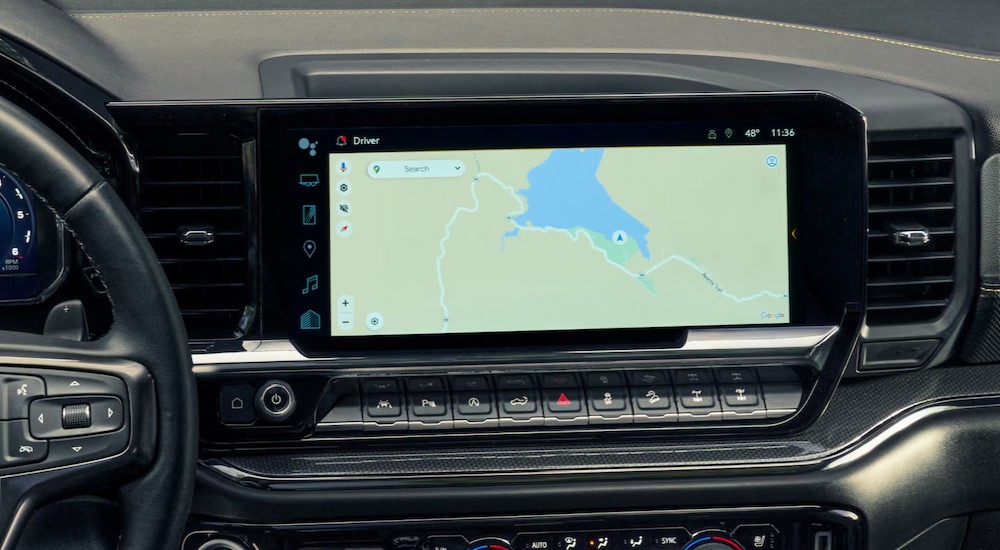 Close-up of the infotainment screen in a 2025 Chevy Silverado 1500.