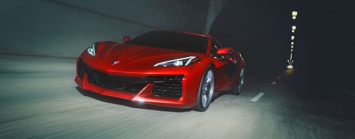 Red 2023 Chevy Corvette C8 Z06 from a low angle