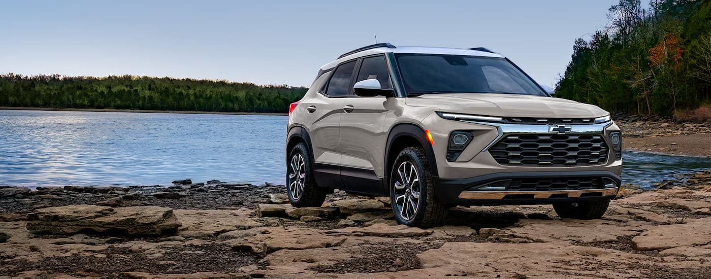 Grey 2026 Chevy Trailblazer parked near a lake.